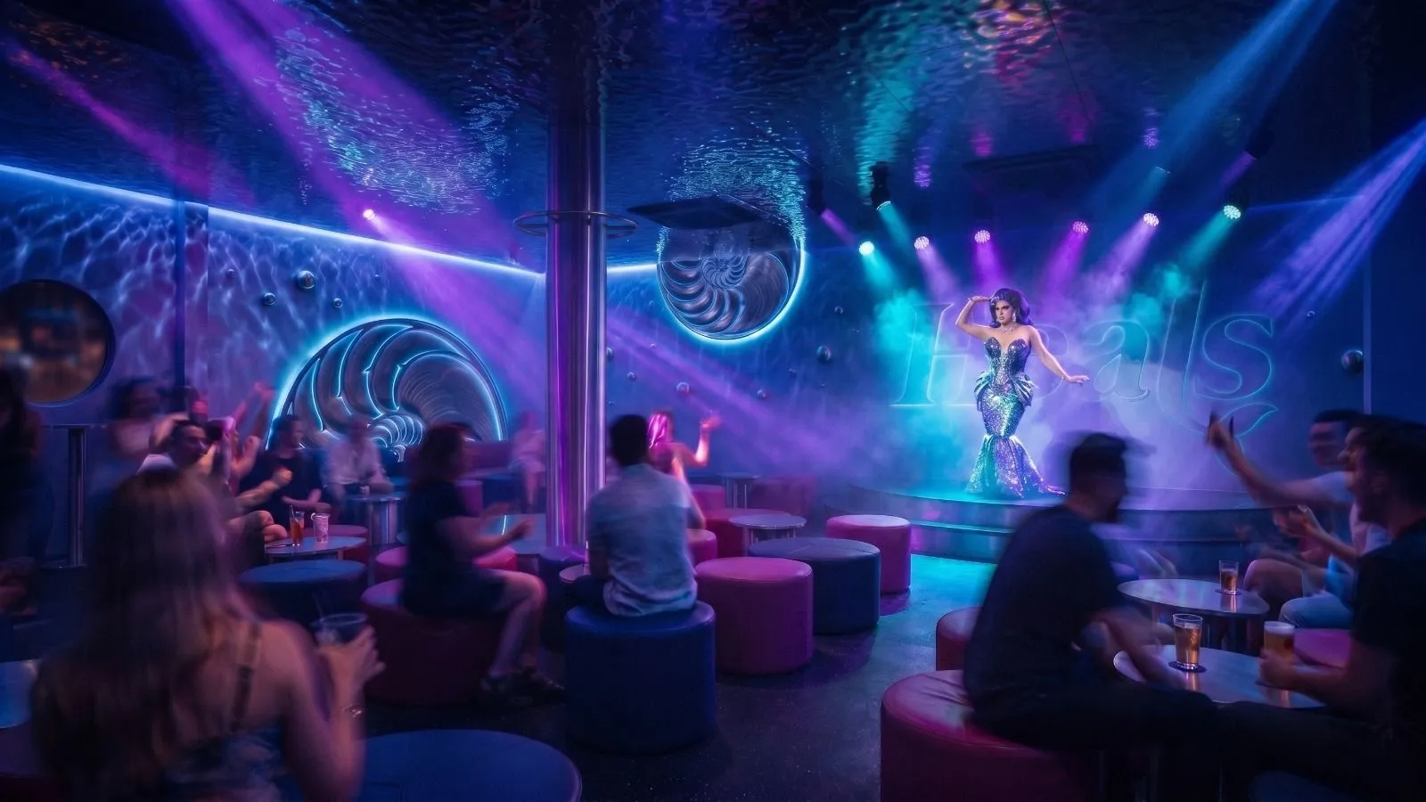 Inside Heals Phuket: backlit steel nautilus sculptures, chrome bubbles on the walls and a performer on stage in cyan light