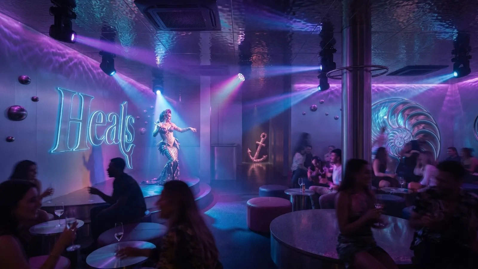 A performer on the Heals Phuket stage beside the neon Heals sign, a pink glitter anchor glowing in the corridor behind